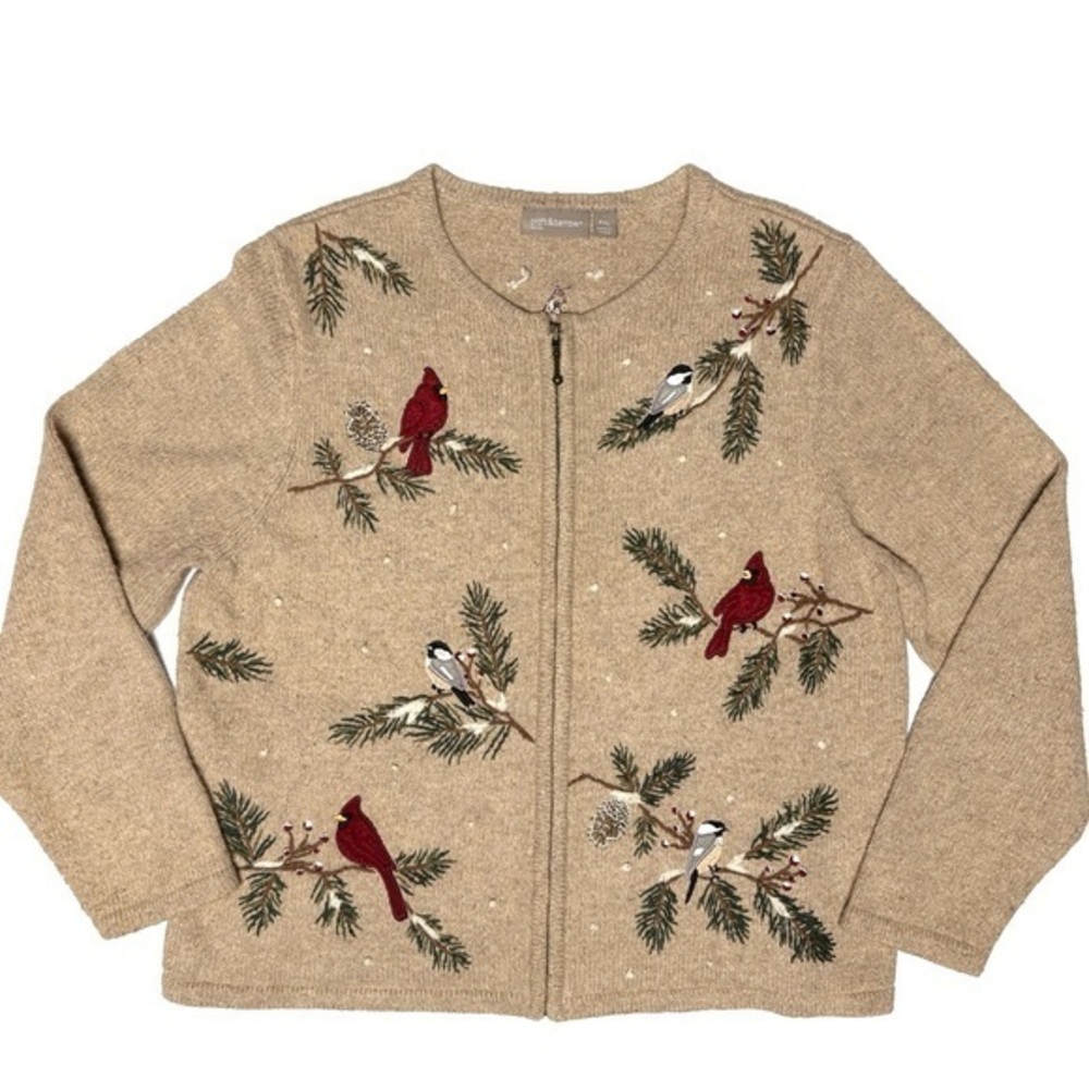 Croft & Barrow Full Zip Cardigan Winter Birds Pine Trees Cottagecore Petite XL